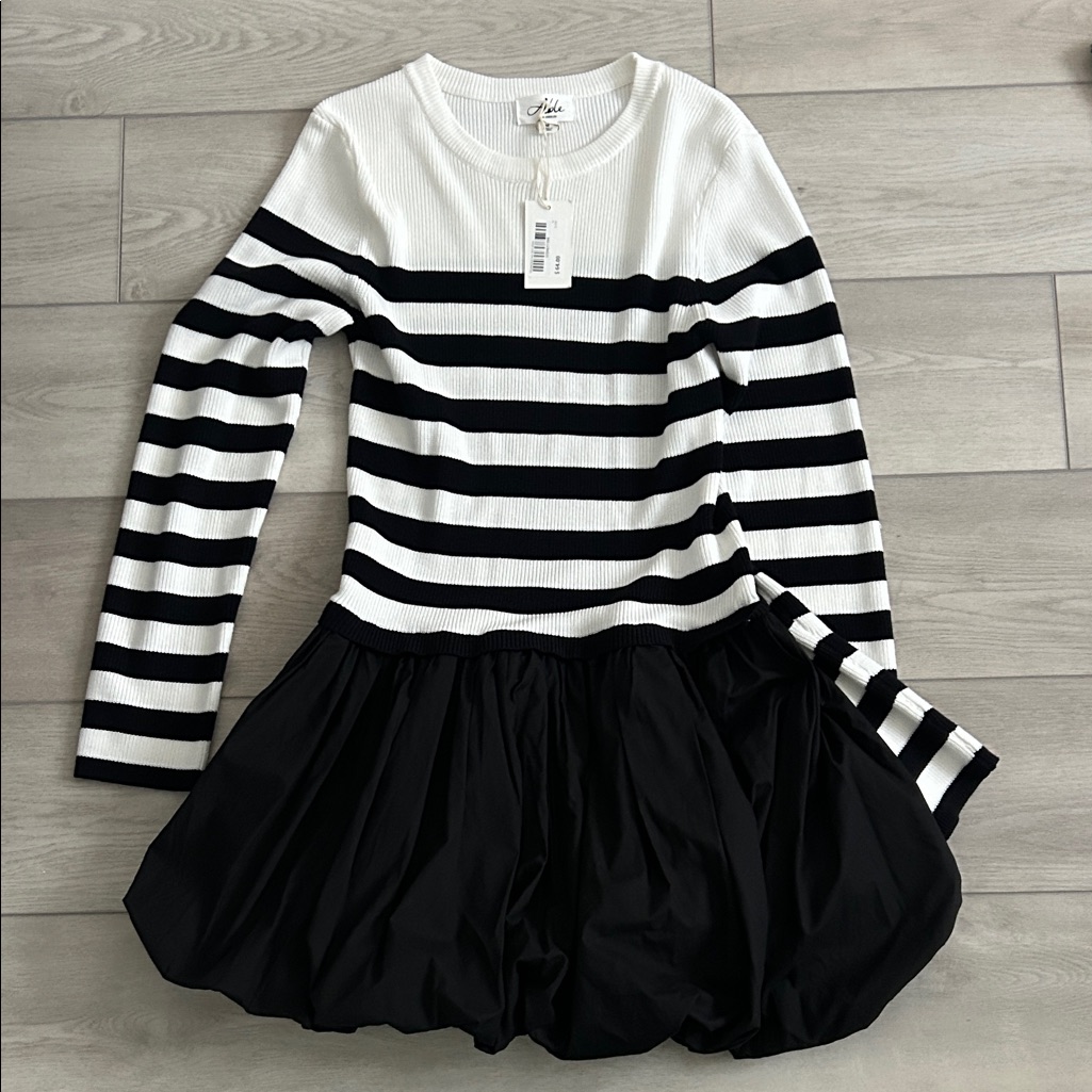 Able Black And White Striped Mini Dress Balloon Bottom
